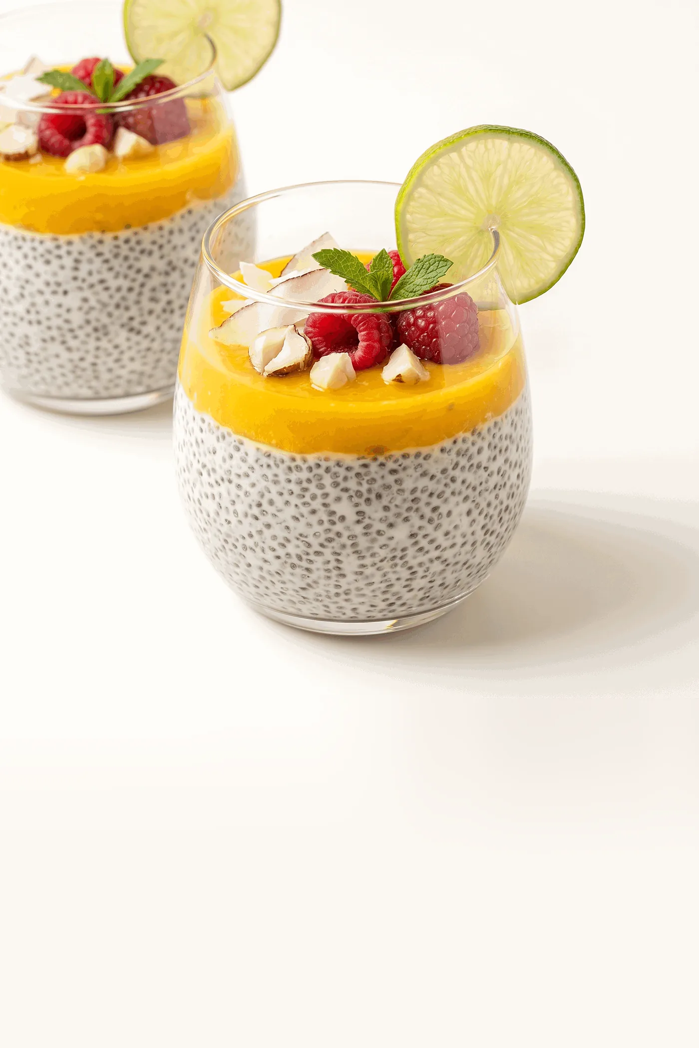 Deux verrines de chia à la mangue, framboises, noix de coco, noisettes et citron vert